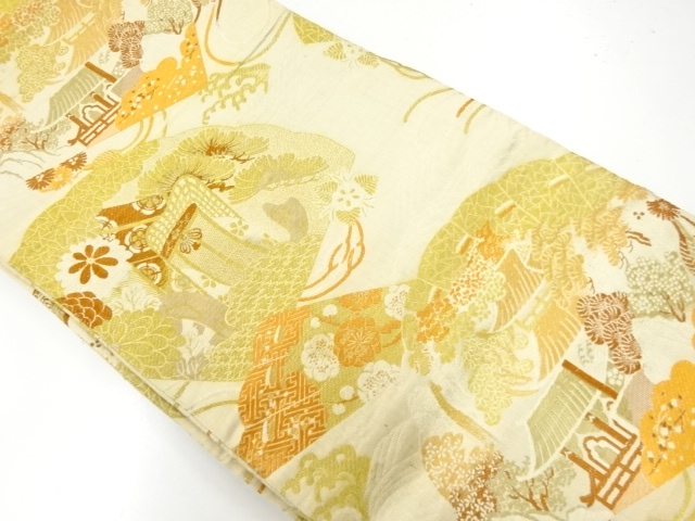 JAPANESE KIMONO / ANTIQUE FUKURO OBI / WOVEN CARRIAGE & SCENERY